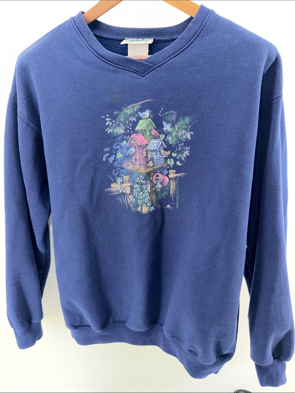 Northern Reflections Navy V‑Neck Sweatshirt with Colorful Birdhouse Graphic